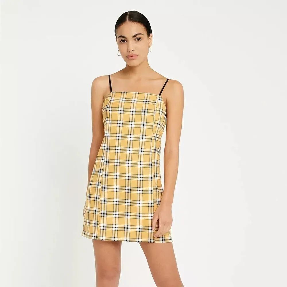 Urban Outfitters | UO Bright Yellow Black Checked Plaid Slip Dress | S